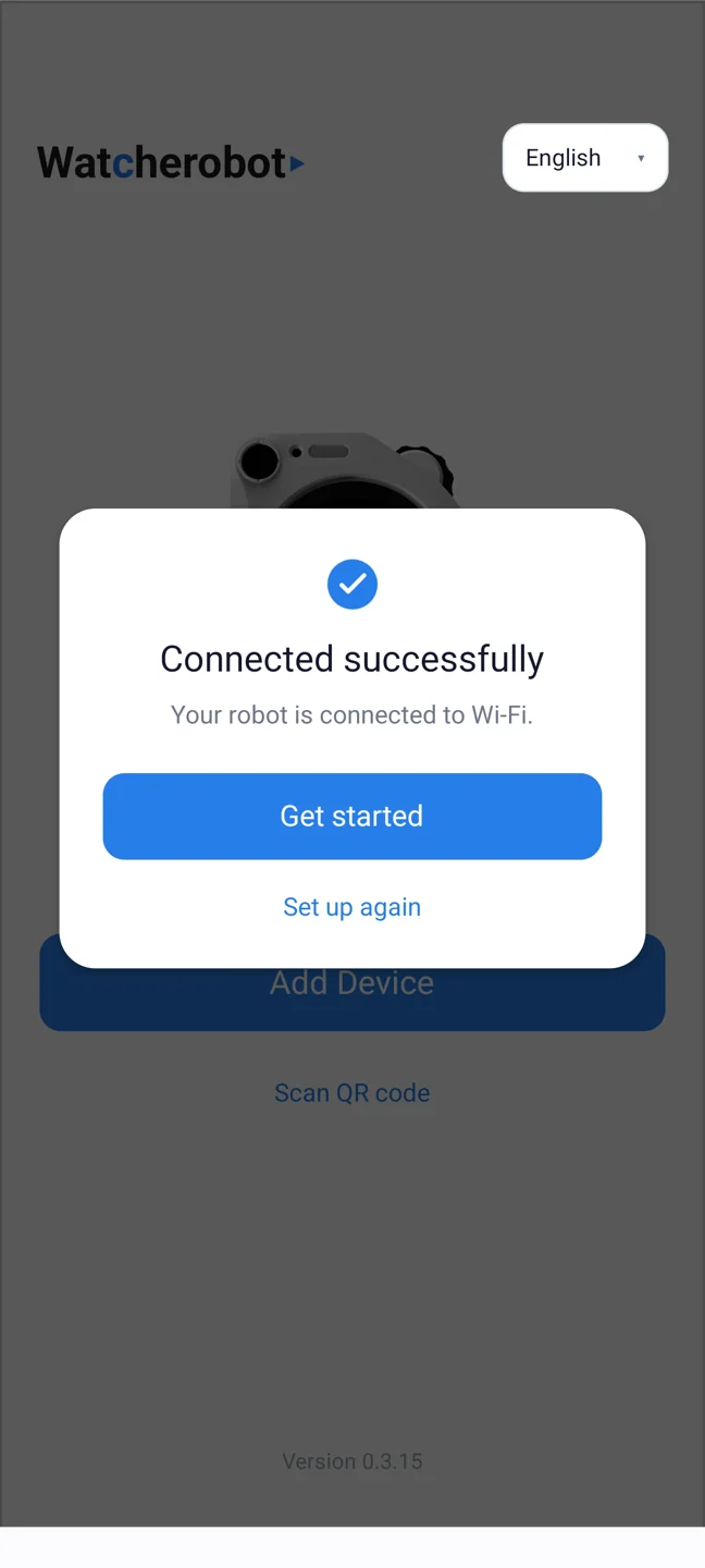 The app confirms that the robot is connected to Wi-Fi